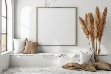 A white room with a large white frame and a window