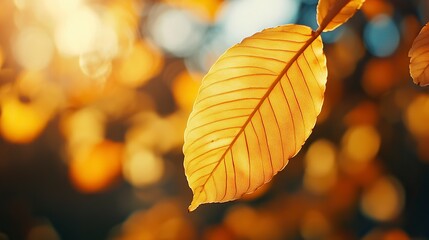 Fototapeta premium Close-up of a yellow autumn leaf. A bright orange tree changes with a blurred bokeh background. Golden colors in the park on a light, sunny, and warm October day. generative ai