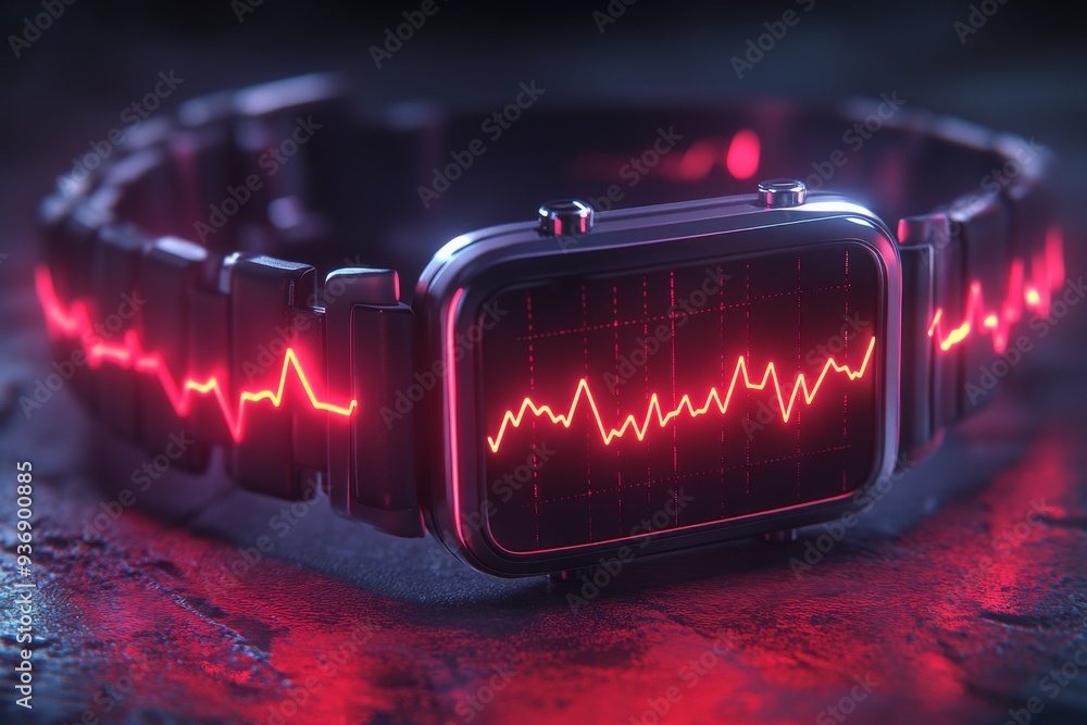 Poster close up of a smartwatch with a glowing red heartbeat monitor symbolizing the precision and accessib