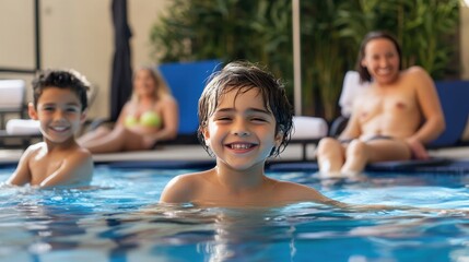 Fototapeta premium Kids are splashing around happily in a hotel pool, creating joyful memories with friends and family during a sunny day