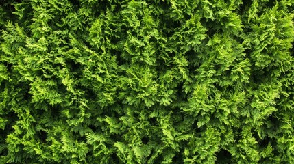 Close-up of a green hedge of thuja trees, with dense foliage creating a lush, natural wall. Ideal for nature backgrounds and outdoor scenery.