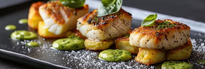 Contemporary dish featuring cod fillets on potato stacks accompanied by avocado and basil cream sauce, showcasing an elegant side perspective suitable for a refined dining experience.