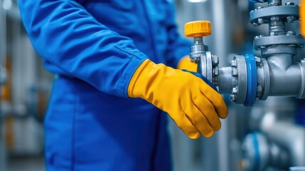 Engineers hand operating a valve, focus on protective gloves and complex machinery in a petrochemical environment. 