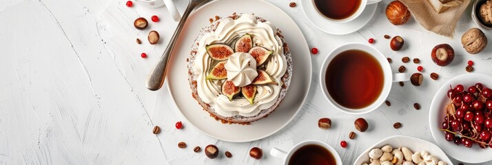 Festive dessert featuring cream, figs, and hazelnuts paired with coffee cups and ingredients displayed on a white tabletop in a close-up flat lay, leaving room for text.