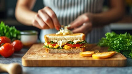 Close-up of a woman making a sandwich at a grey table, spreading mayonnaise on bread. Fresh ingredients like lettuce and tomatoes are visible nearby.