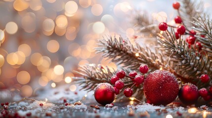 Fototapeta premium A Christmas tree with red berries and red balls on it