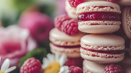 Close-up of berry-filled macarons in a stack, with a blurred background of flowers, creating a romantic and inviting dessert atmosphere.