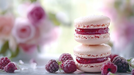 Close-up of berry-filled macarons in a stack, with a blurred background of flowers, creating a romantic and inviting dessert atmosphere.