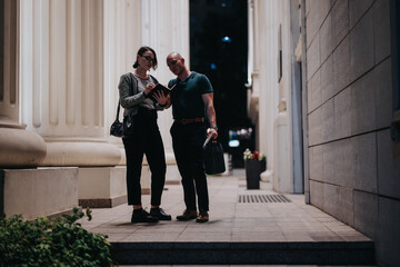 Two business professionals discussing work outdoors at night in an urban area, demonstrating teamwork, professionalism, and collaboration.