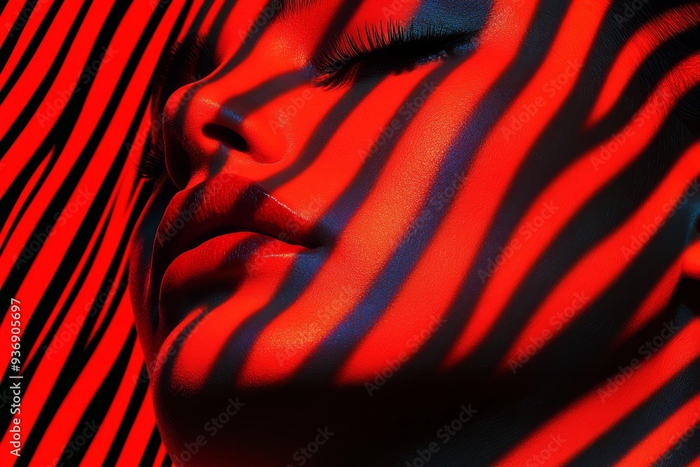 Poster abstract close up of a womans face with red digital stripes symbolizing the intersection of technolo