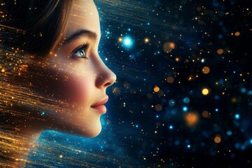 Close up of a young woman with digital cosmic patterns on her face symbolizing the connection between human imagination and digital creativity