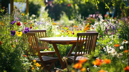 Cozy wooden table and chairs set in a scenic garden, vibrant flowers blooming, and a bright, clear sky above.