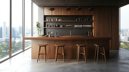 Dark wooden kitchen design with bar island, seating, and kitchenware. Panoramic window overlooking Singapore's skyline. Empty wall partition for creative use.