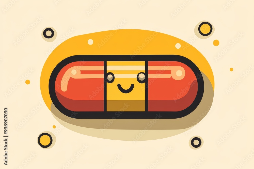 Poster minimalistic vector illustration of a smiling pill on a yellow background symbolizing the simplicity