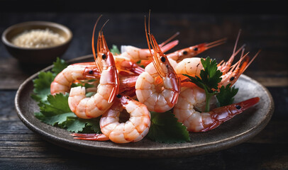 A plate of cooked shrimp is arranged on a bed of parsley