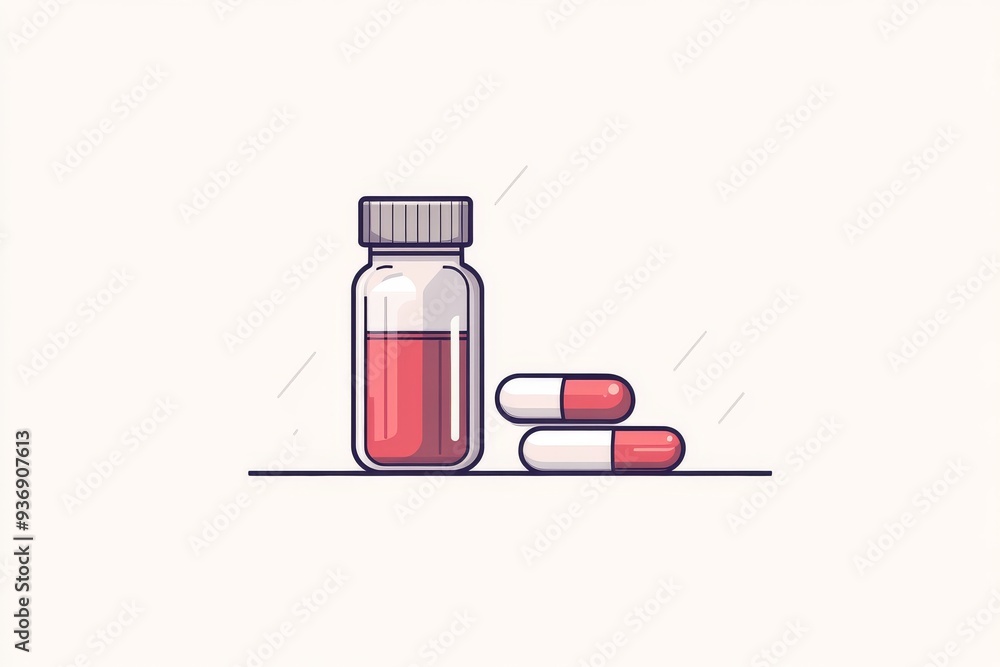 Poster minimalistic vector illustration of a pill bottle and capsule symbolizing the simplicity and importa
