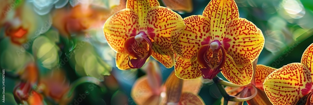 Poster vibrant yellow and red orchids with intricate venous patterns displayed at a garden conservatory orc