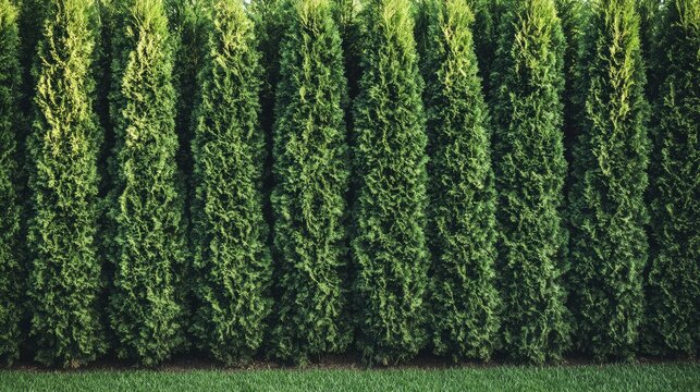 Dense green hedge of thuja trees, providing a natural and lush barrier in a landscaped yard. Perfect for nature-themed photography.