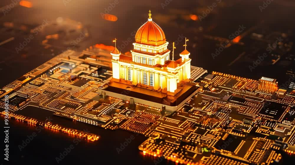 Poster a detailed miniature of a temple on a glowing circuit board at sunset in a tech-inspired display