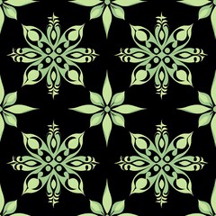 Fototapeta premium Green Floral Pattern on Black Background.