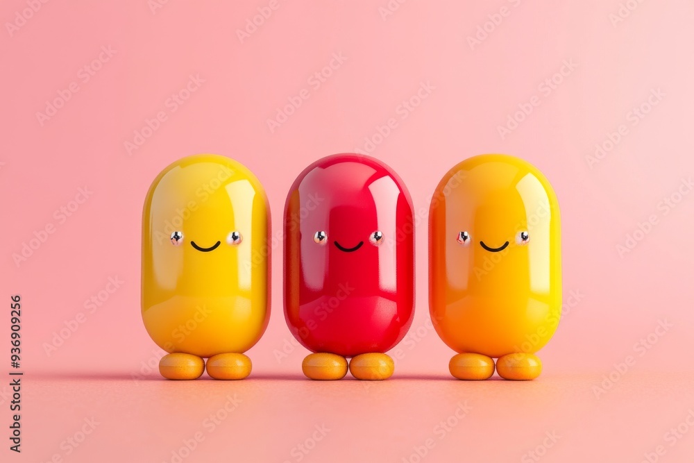 Aufkleber three smiling pill shaped characters on a pink background representing the friendly and approachable
