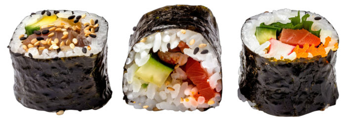 collection Maki sushi roll bundle, raw fish and vegetable filling, rice and rolled by seaweed, isolate on Transparency Background