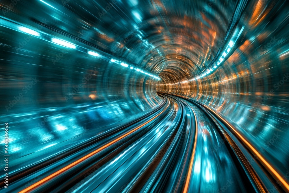 Poster high speed train zooming through a tunnel with light trails capturing the essence of futuristic and 