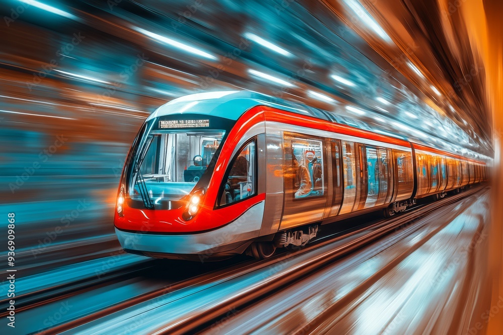 Aufkleber modern tram moving swiftly through an urban landscape showcasing the efficiency and sleek design of 