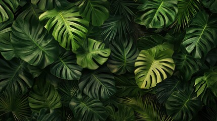 Monstera green leaves or Monstera Deliciosa in dark tones(Monstera, palm, rubber plant, pine, birdâ€™s nest fern), background or green leafy tropical pine forest patterns for creative design , ai