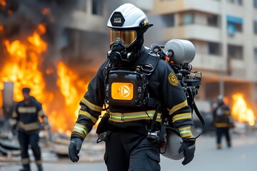 Naklejka premium Brave firefighter in protective gear responding to an emergency in front of a blazing building, showcasing courage and determination.