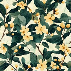 Seamless Floral Pattern with Yellow Flowers and Green Leaves.