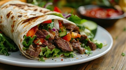 Fresh salad wraps with kebab beef and crunchy vegetables, served on a white plate atop a wooden table. A delicious and healthy meal option.