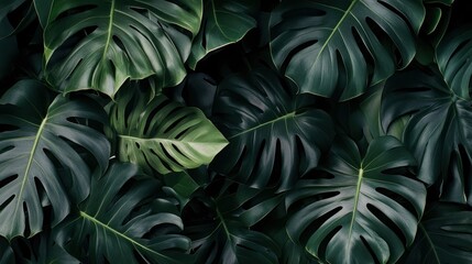 Monstera green leaves or Monstera Deliciosa in dark tones(Monstera, palm, rubber plant, pine, birdâ€™s nest fern), background or green leafy tropical pine forest patterns for creative design , ai