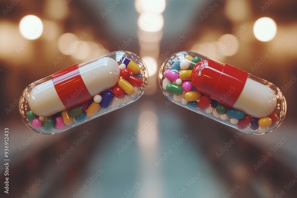 Poster close up of two capsules filled with various colored pills highlighting the diversity and complexity