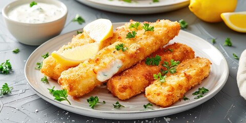 Breaded Fish Sticks Served with Parsley, Lemon, and Tartar Sauce Against a Gray Backdrop