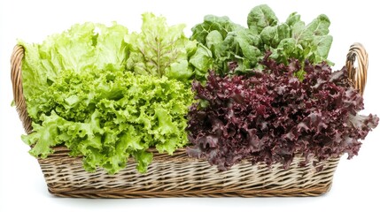 Fototapeta premium Freshly harvested green and red lettuce in a basket, isolated against a white background. The vibrant colors and natural textures showcase the freshness of organic produce.