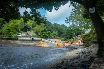 A view of damaged dam of  Mill pond at Stony Brook, NY on July 19, 2024,