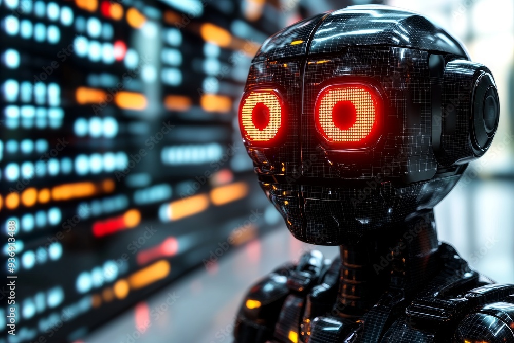 Poster a robot with glowing red eyes in a data center symbolizing the fusion of ai and healthcare technolog
