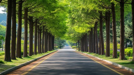 Green Corridor: The picturesque metasequoia-lined road in Damyang, Korea, with trees creating a lush green corridor.