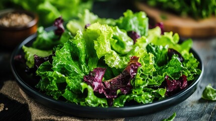 Green lettuce leaves and mixed greens on a plate, forming a fresh and nutritious salad. The vibrant colors and natural ingredients make for a healthy, appetizing meal.