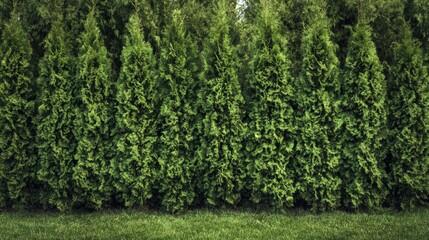 Obraz premium Green hedge of thuja trees providing privacy and a natural backdrop. Dense foliage and rich color make for a serene outdoor setting.