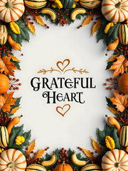 Fototapeta premium 3D flat icon fall garland border with squash and Grateful Heart wording. Perfect for Thanksgiving invitations and holiday cards. Detailed illustrations and warm color palette on isolated white backgro