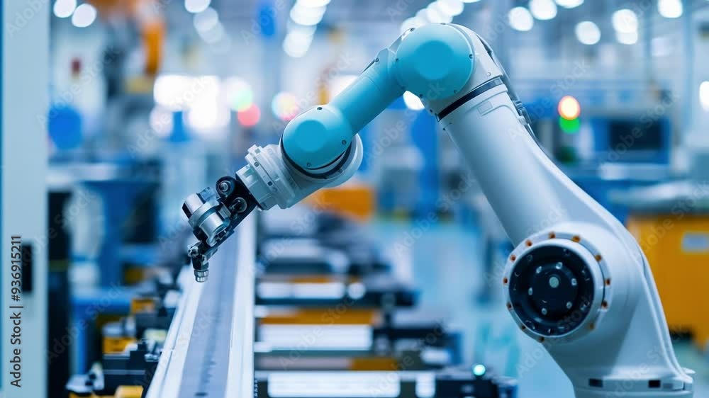 Poster robotic arm performing a task on a production line in a modern factory, highlighting the advancement
