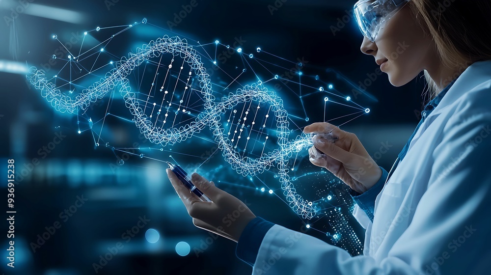 Poster - scientist working in a high-tech laboratory with digital dna helix overlay, futuristic setting, co