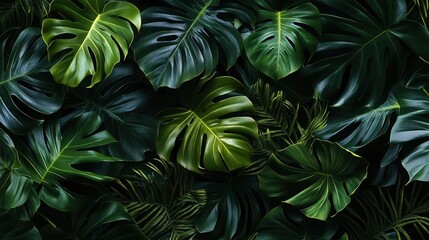 Monstera green leaves or Monstera Deliciosa in dark tones(Monstera, palm, rubber plant, pine, birdâ€™s nest fern), background or green leafy tropical pine forest patterns for creative design , ai
