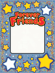 3D flat icon border with Best Friends Forever concept for Friendship Day celebration. Vibrant design with stars, confetti, and playful font. Perfect for personalized messages or invitations. Bright an