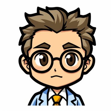 Cute Anime Character Illustration of a Brown-Haired Boy with Glasses in Lab Coat - Ideal for Avatar or Profile Picture