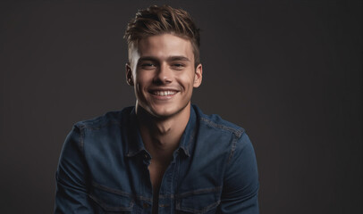 Fototapeta premium A young man with short, brown hair smiles in front of a dark gray background. He is wearing a dark blue button-up shirt