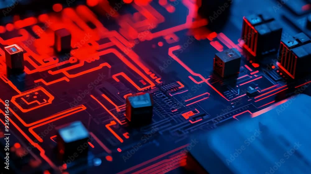 Aufkleber exploring intricate circuit designs in a high-tech setting with glowing components