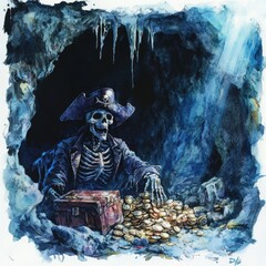 Obraz premium 12. Skeleton pirate, guarding treasure in dark cave, eerie glow, Watercolor style